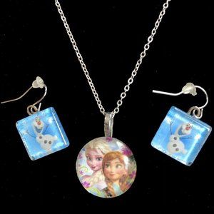 Disney Frozen Jewelry Set Elsa Anna Necklace Charm Olaf Earrings Resin Handmade